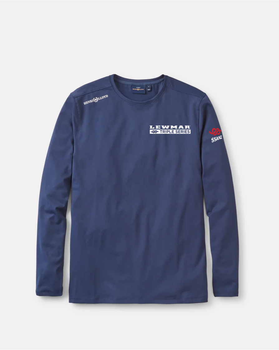 Blue long-sleeve shirt with branding on a white background