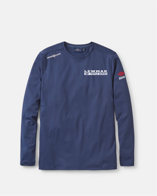 Blue long-sleeve shirt with branding on a white background